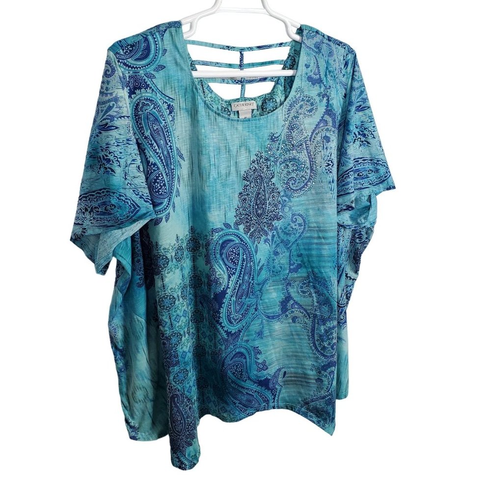 Catherines Size 4X Top Tunic Sparkle Studded Lattice Back Sharkbite Point Hem